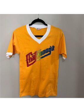 Vintage 70's Greenleaf Chattanooga white trim V-neck short sleeve tee. Size 34